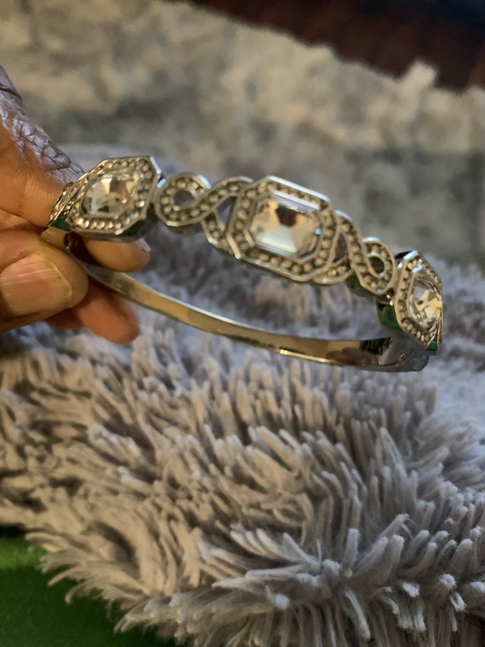 Silver Crystal Accent Bangle Bracelet - Clear Stones